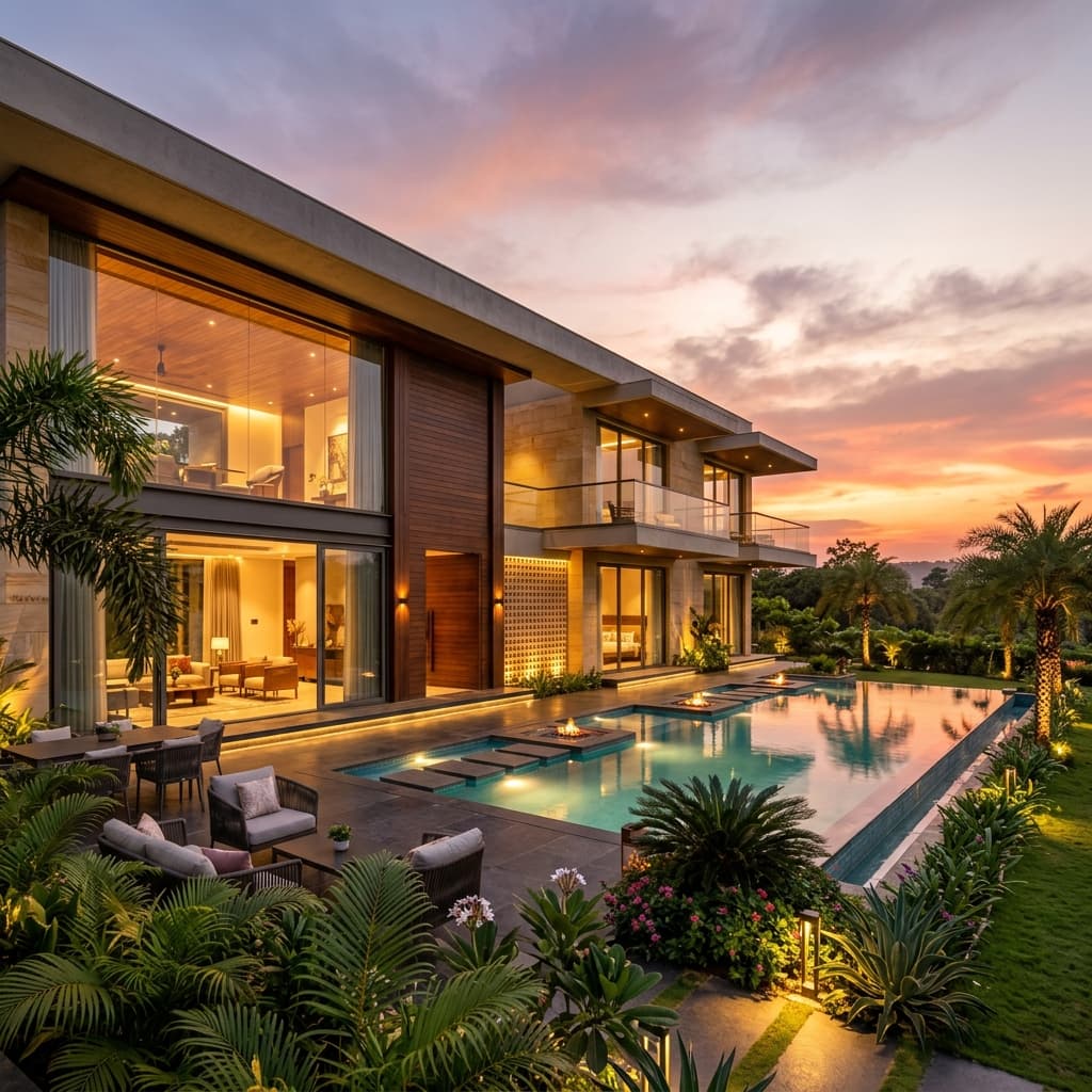 Luxury modern Indian home elevation with premium warm lighting at sunset
